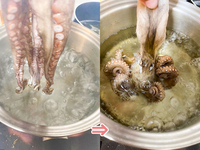 【簡単酢だこ】タコをお湯にIN…