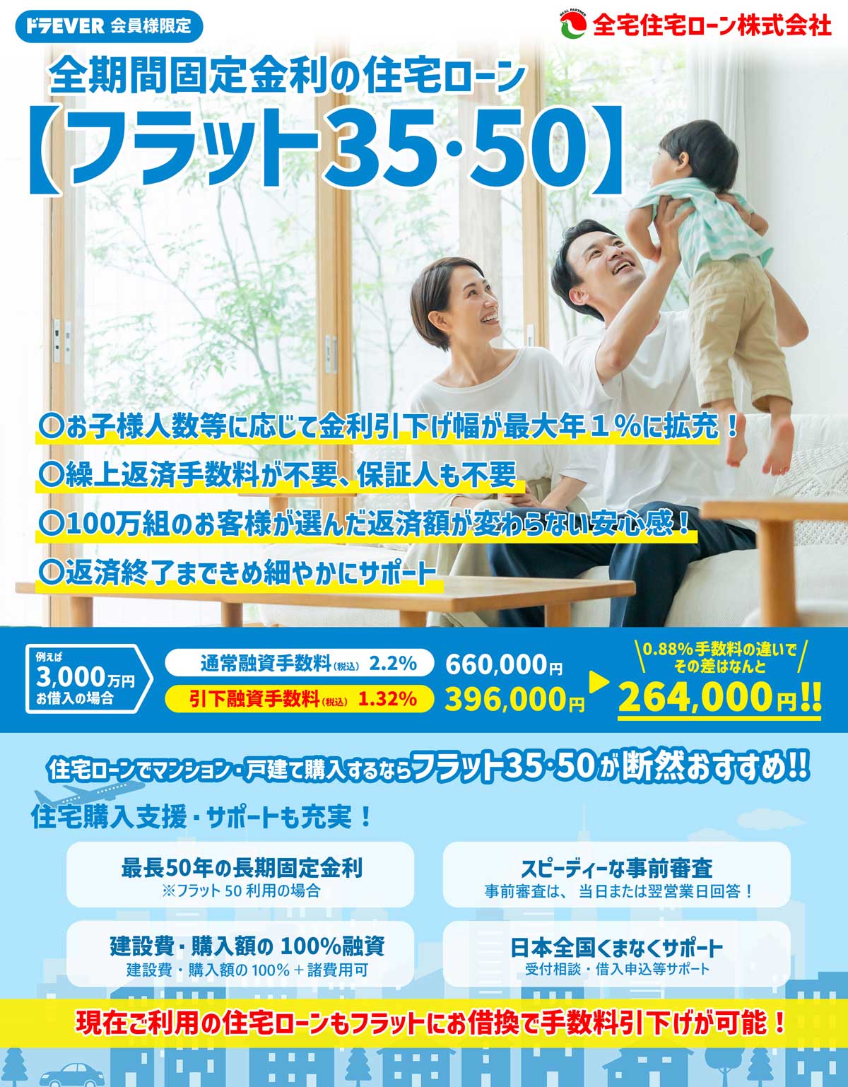 ドラEVER会員様限定！全期間固定金利の住宅ローンなら全宅住宅ローン株式会社にお問い合わせください。